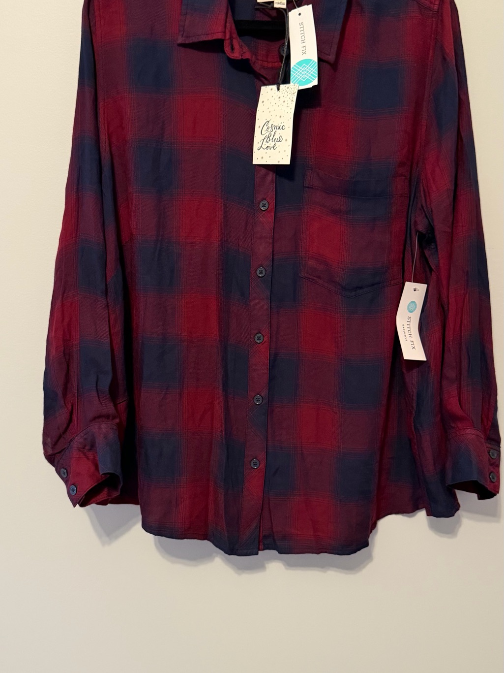 Nwt Cosmic Blue Love Plaid Button Down Blouse 1x Rayon